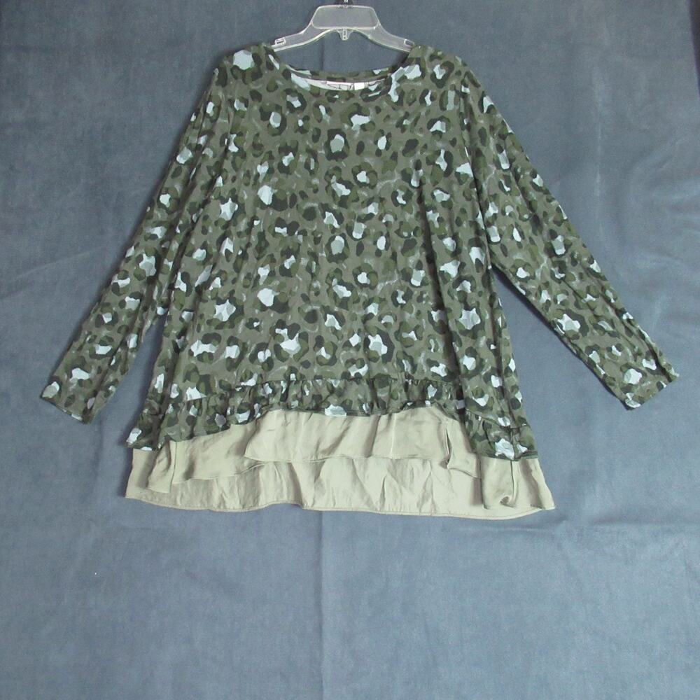 Logo Lori Goldstein Top Womens XL Green Leopard Long Sleeve Ruffle Hem Casual